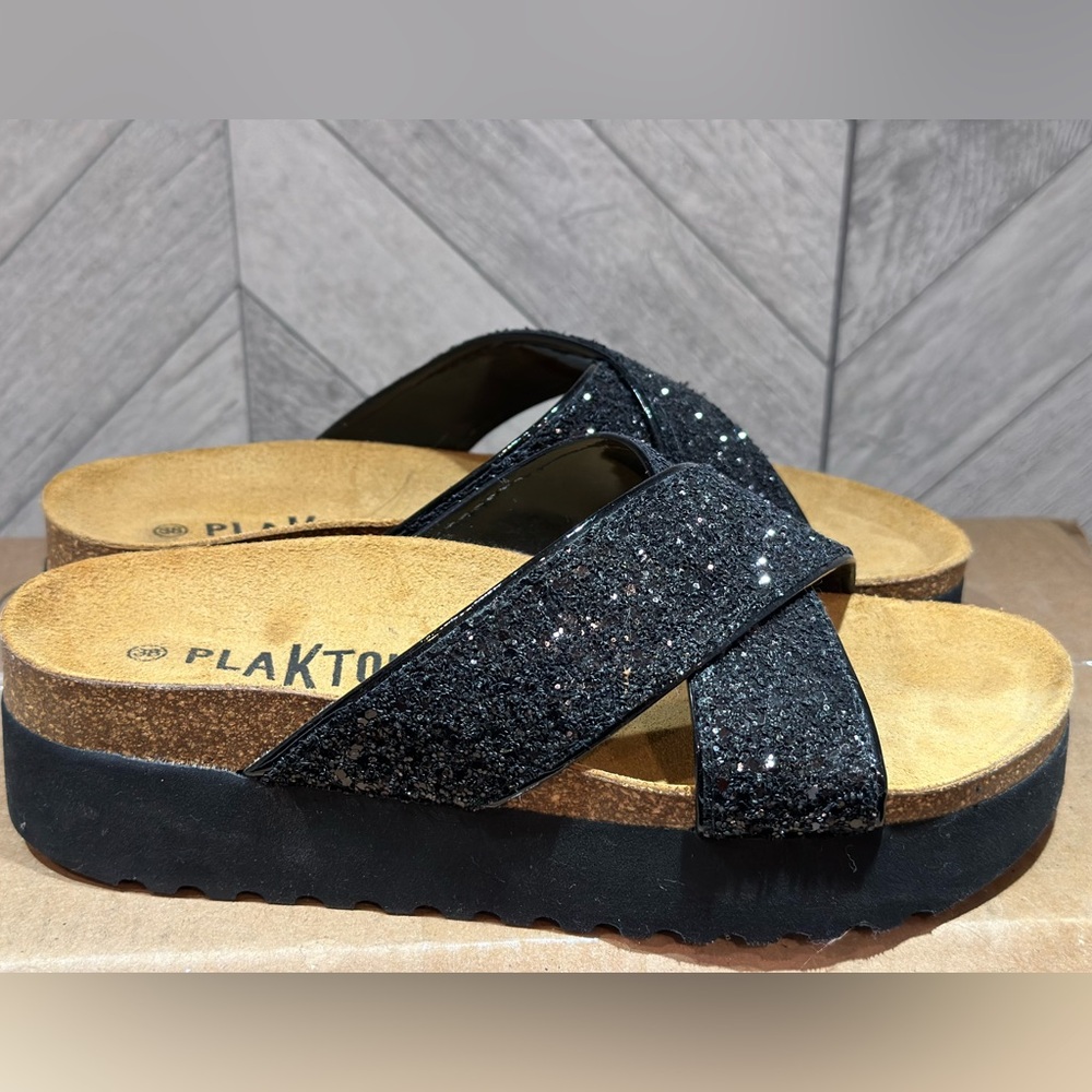 Black Glitter Cross-Strap Platform Sandals